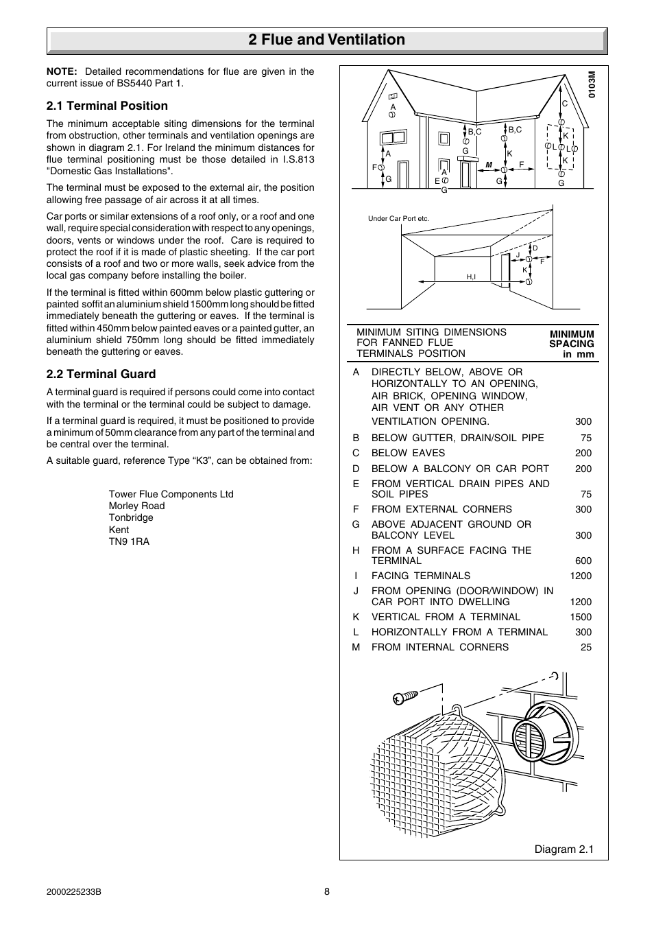 2 flue and ventilation, 1 terminal position, 2 terminal guard | Glow-worm Ultimate 80FF User Manual | Page 8 / 36