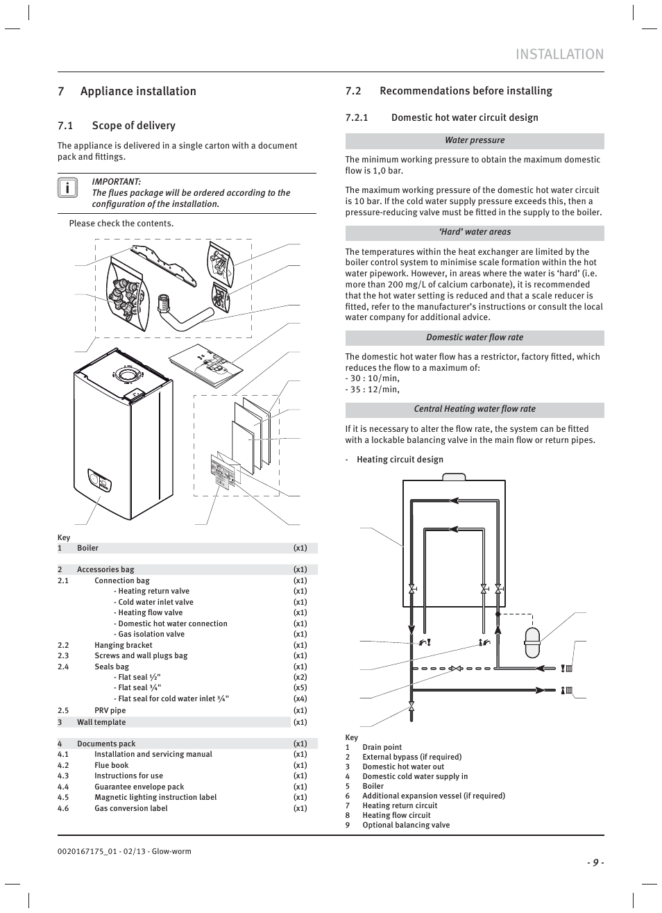 Installation, 7 appliance installation, 1 scope of delivery | 2 recommendations before installing | Glow-worm Ultimate c User Manual | Page 11 / 56