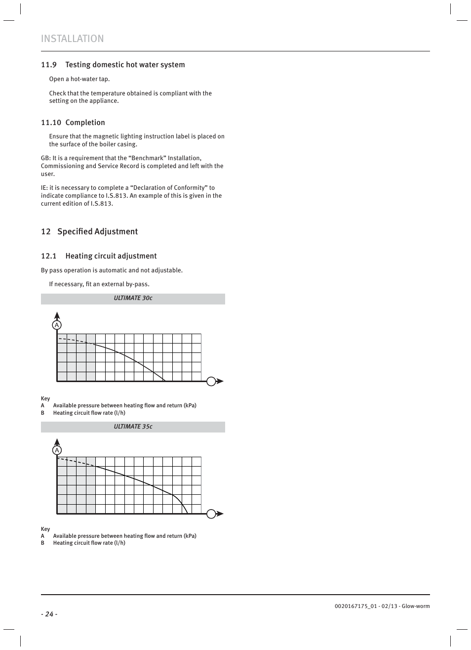 Installation, 12 specifi ed adjustment, 9 testing domestic hot water system | 10 completion, 1 heating circuit adjustment | Glow-worm Ultimate c User Manual | Page 26 / 56