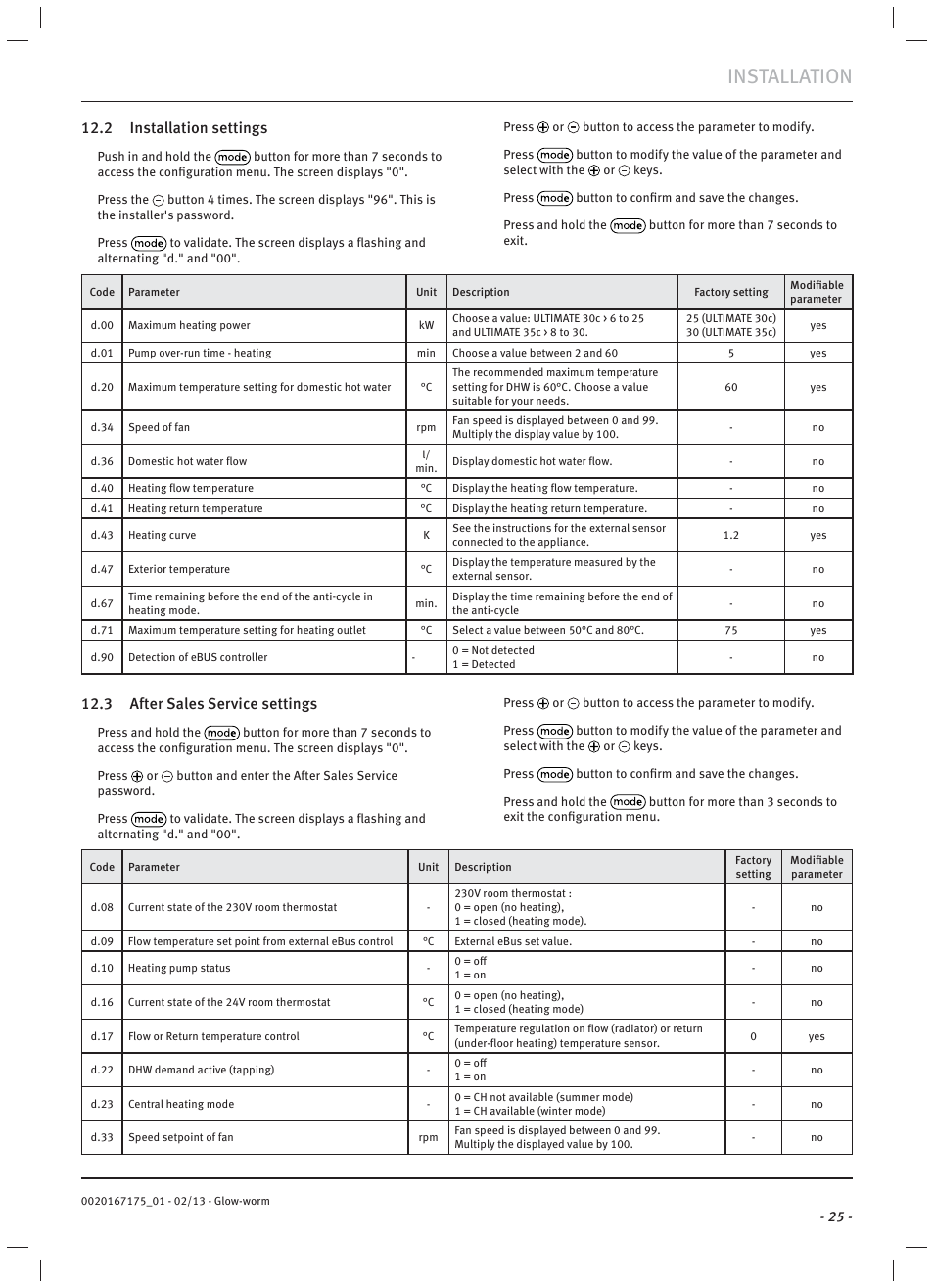 Installation, 2 installation settings, 3 after sales service settings | Glow-worm Ultimate c User Manual | Page 27 / 56