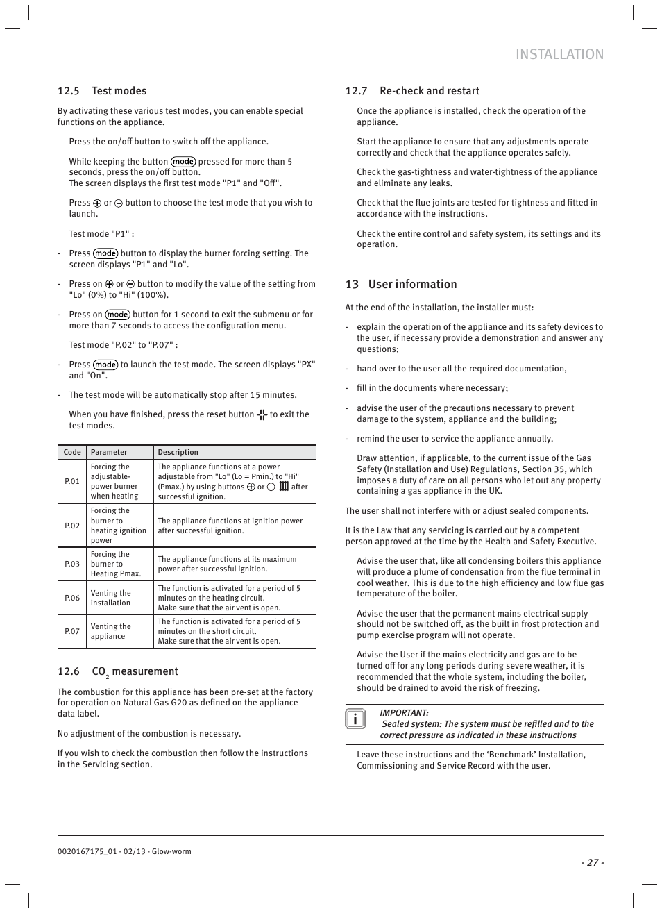 Installation, 13 user information | Glow-worm Ultimate c User Manual | Page 29 / 56