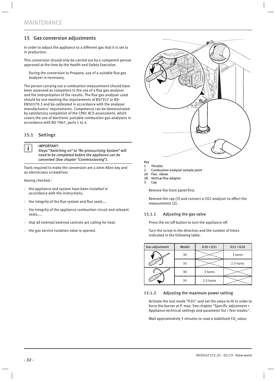 Maintenance, 15 gas conversion adjustments | Glow-worm Ultimate c User Manual | Page 34 / 56