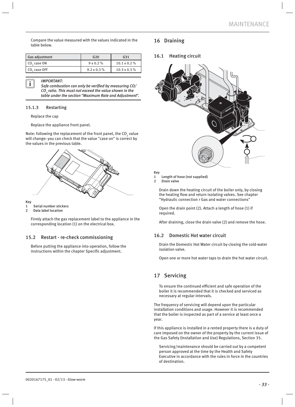 Maintenance, 16 draining, 17 servicing | Glow-worm Ultimate c User Manual | Page 35 / 56