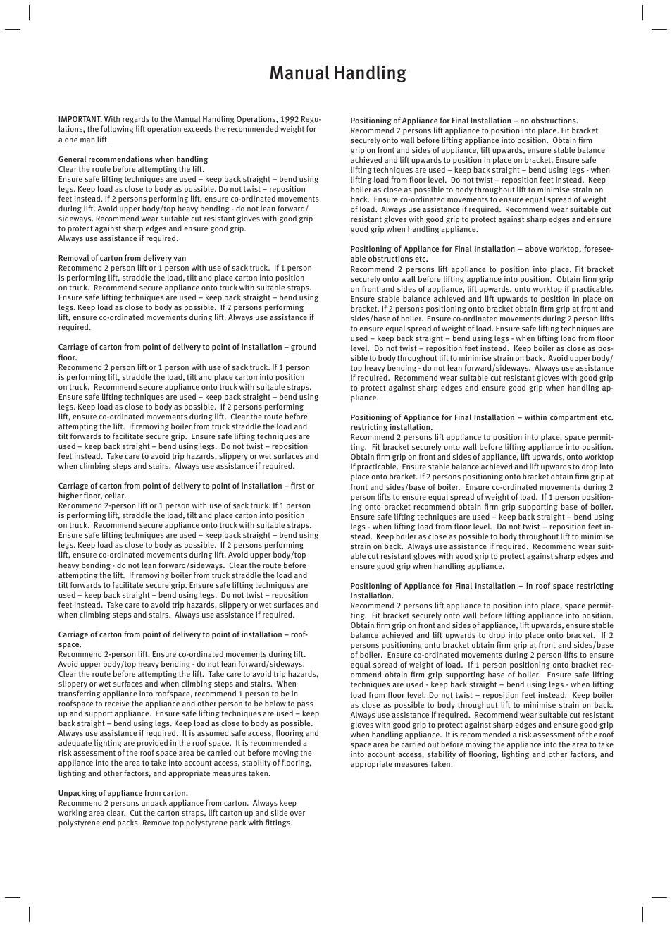 Manual handling | Glow-worm Ultimate c User Manual | Page 50 / 56