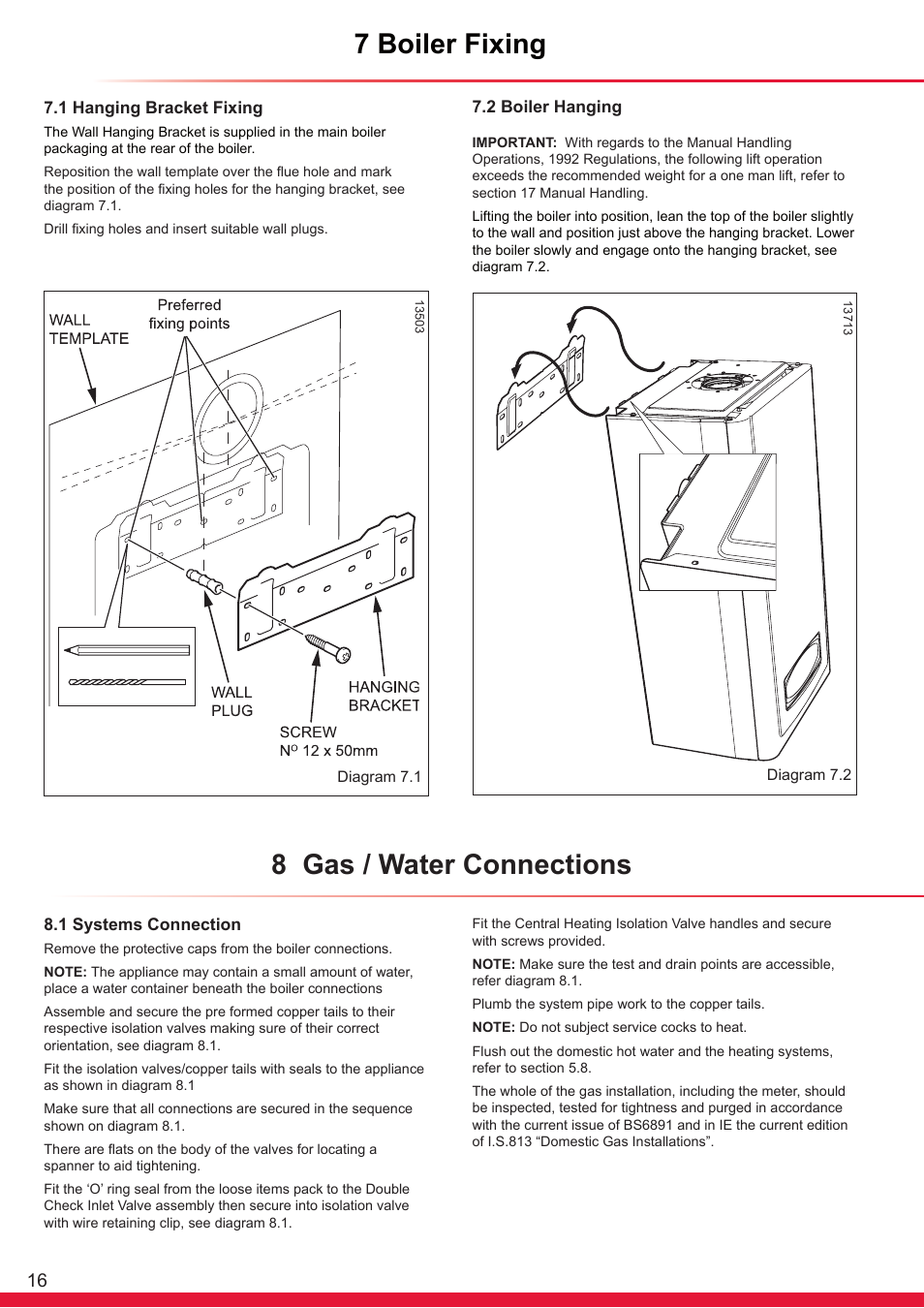 7 boiler fixing, 8 gas / water connections | Glow-worm Ultracom cx User Manual | Page 16 / 68