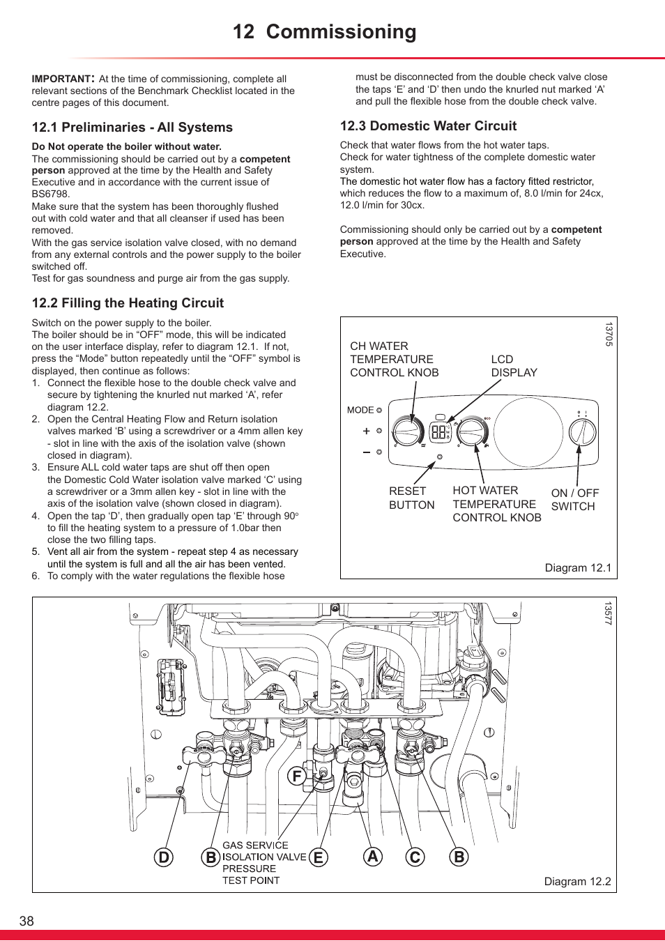 12 commissioning, 1 preliminaries - all systems, 2 filling the heating circuit | 3 domestic water circuit | Glow-worm Ultracom cx User Manual | Page 38 / 68