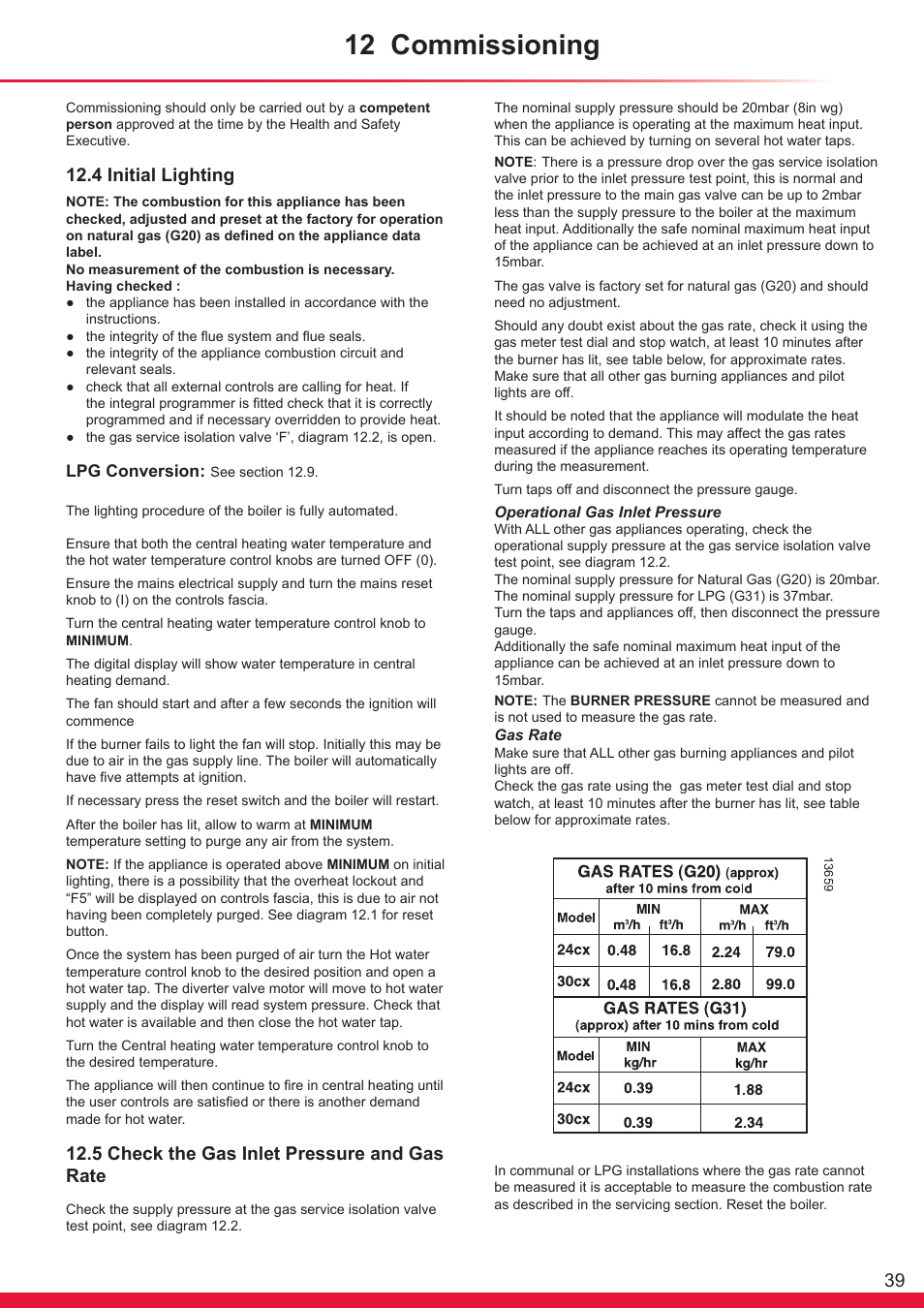 12 commissioning, 4 initial lighting, 5 check the gas inlet pressure and gas rate | Glow-worm Ultracom cx User Manual | Page 39 / 68