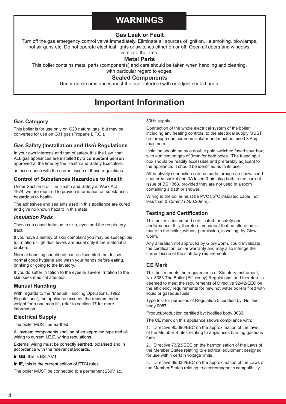 Important information warnings, Gas leak or fault, Metal parts | Sealed components | Glow-worm Ultracom cx User Manual | Page 4 / 68