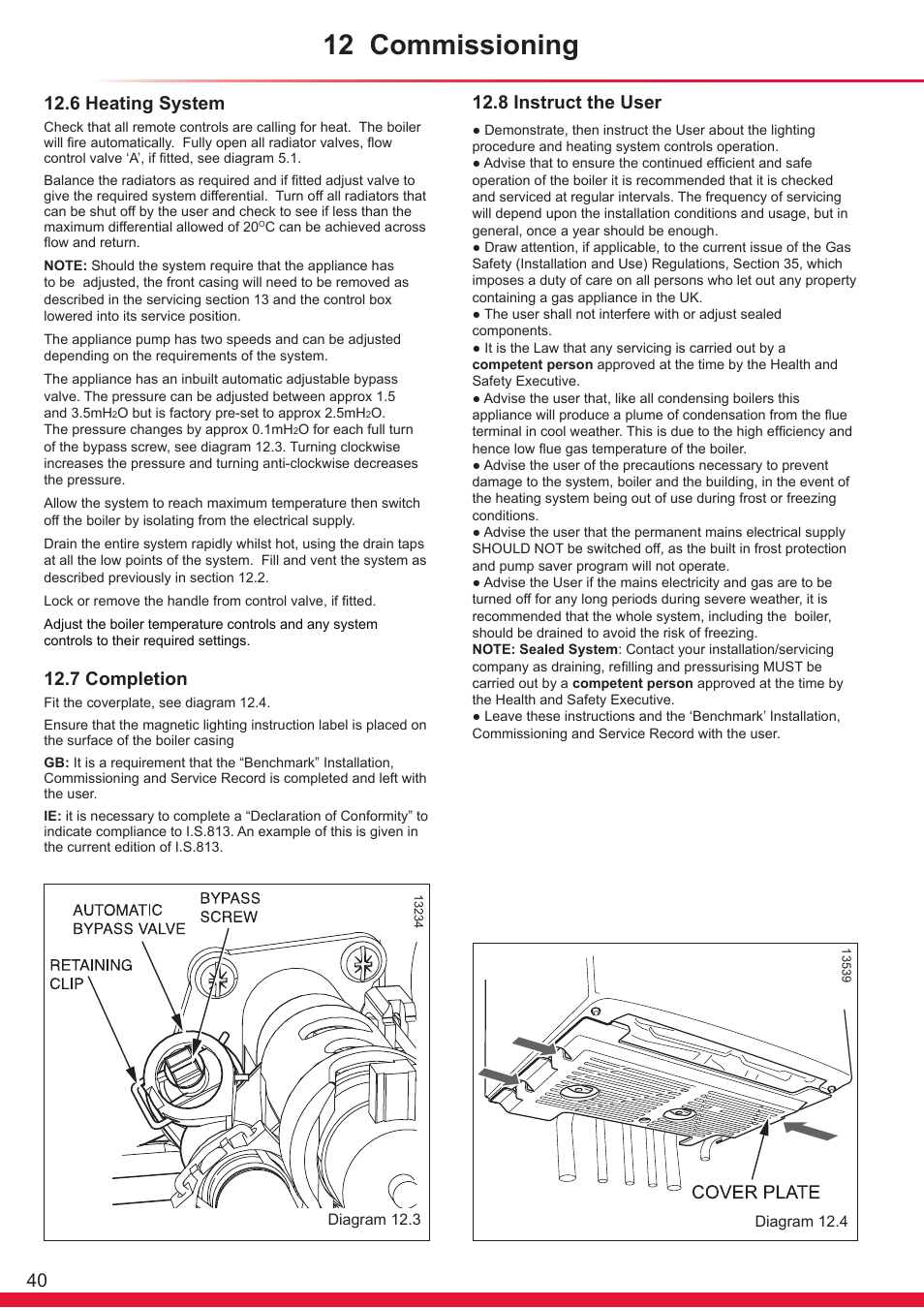 12 commissioning, 6 heating system, 7 completion | 8 instruct the user | Glow-worm Ultracom cx User Manual | Page 40 / 68