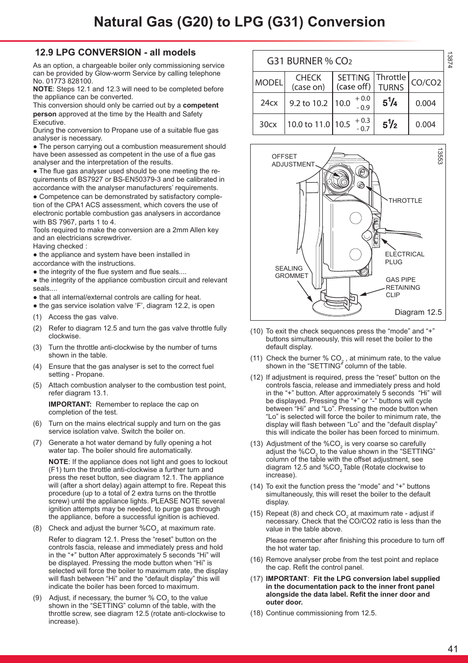 Natural gas (g20) to lpg (g31) conversion, G31 burner % co, 9 lpg conversion - all models | Model co/co2, Throttle turns | Glow-worm Ultracom cx User Manual | Page 41 / 68