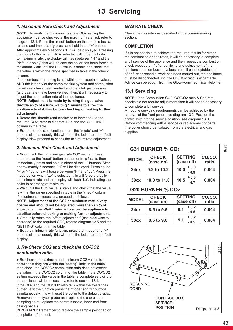 13 servicing, G31 burner % co, G20 burner % co | 1 servicing | Glow-worm Ultracom cx User Manual | Page 43 / 68