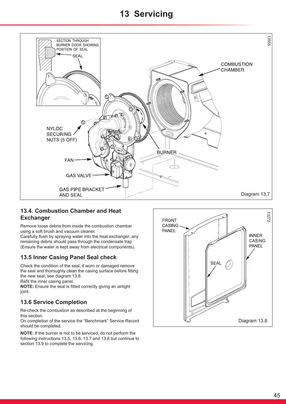 13 servicing, Combustion chamber and heat exchanger, 5 inner casing panel seal check | 6 service completion | Glow-worm Ultracom cx User Manual | Page 45 / 68