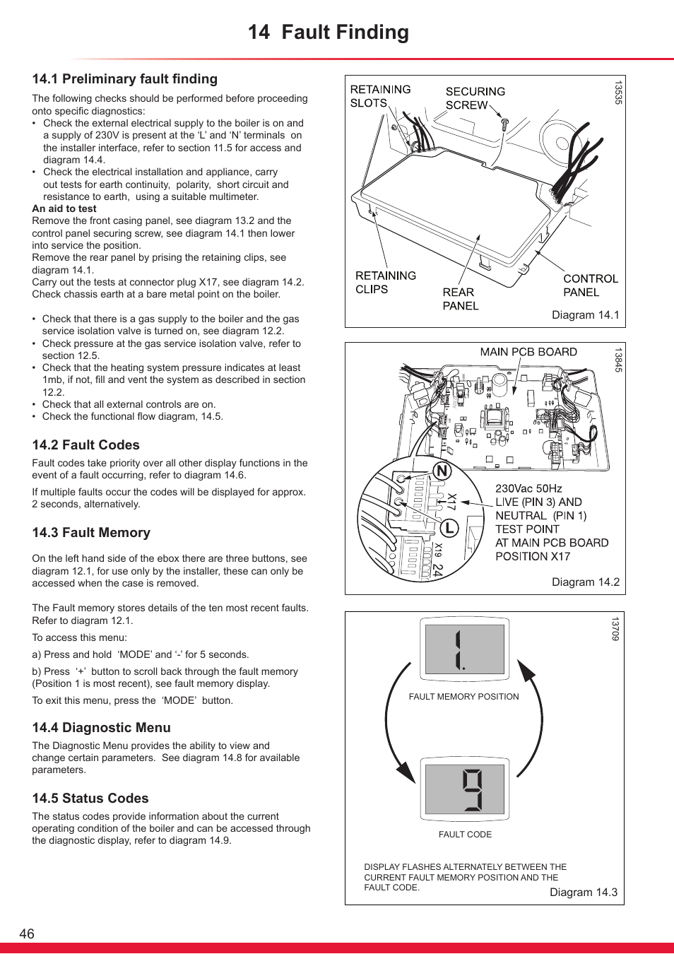 14 fault finding, 1 preliminary fault finding, 2 fault codes | 4 diagnostic menu, 5 status codes | Glow-worm Ultracom cx User Manual | Page 46 / 68