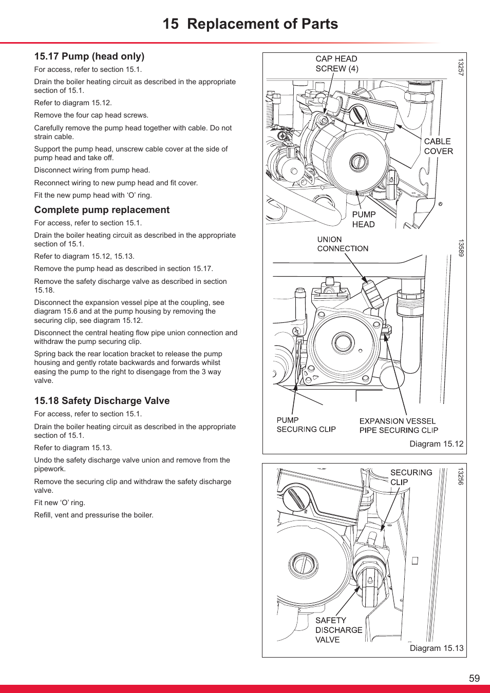 15 replacement of parts, 17 pump (head only), Complete pump replacement | 18 safety discharge valve | Glow-worm Ultracom cx User Manual | Page 59 / 68