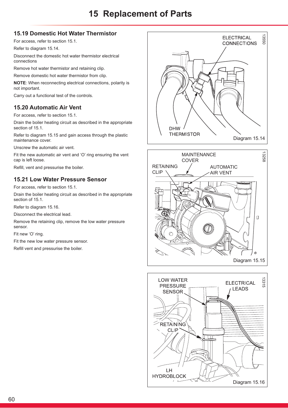 15 replacement of parts, 19 domestic hot water thermistor, 20 automatic air vent | 21 low water pressure sensor | Glow-worm Ultracom cx User Manual | Page 60 / 68