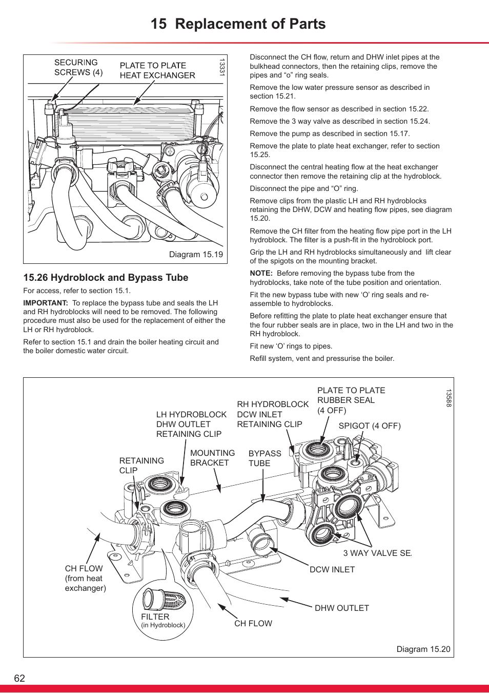 15 replacement of parts, 26 hydroblock and bypass tube | Glow-worm Ultracom cx User Manual | Page 62 / 68