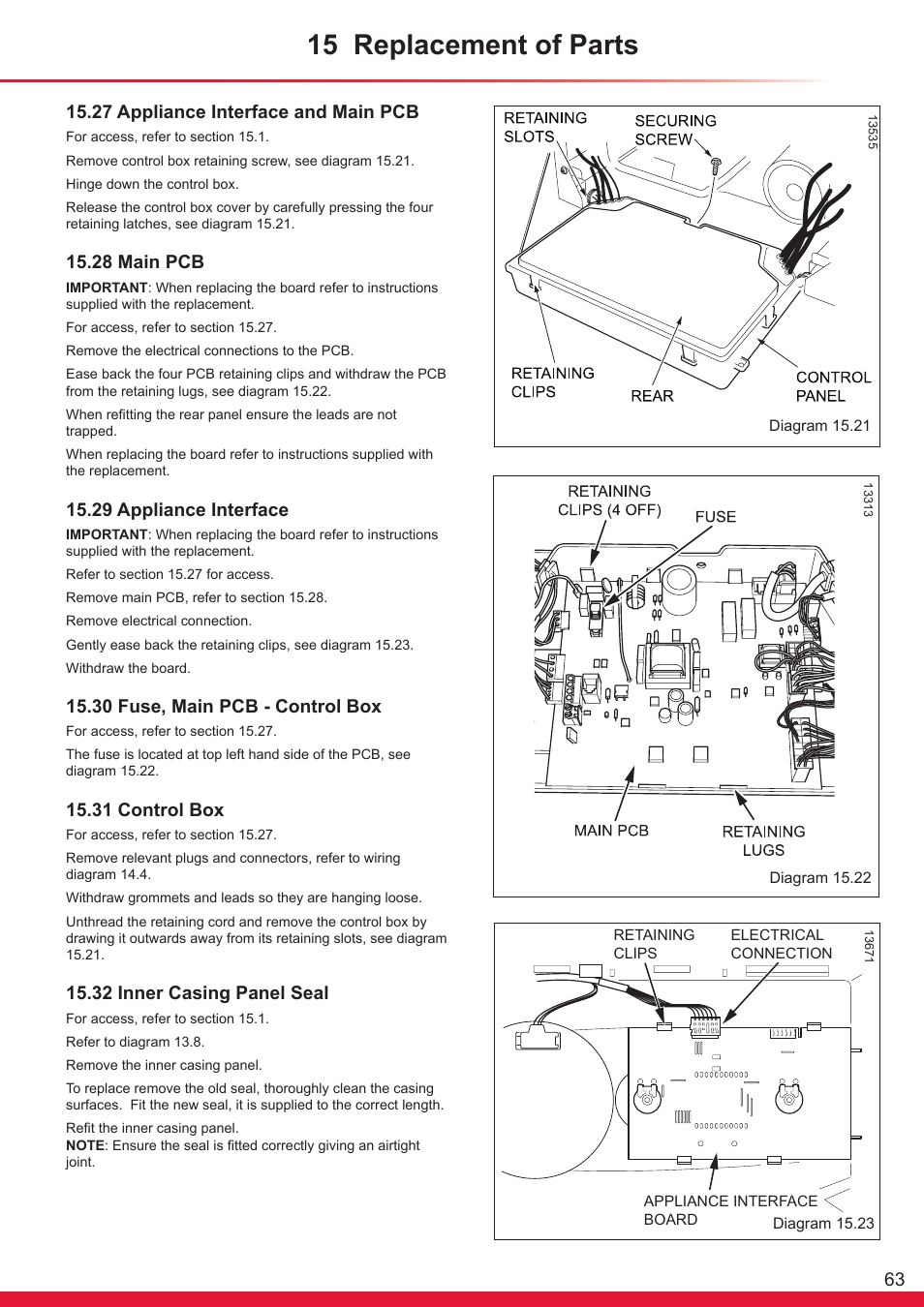 15 replacement of parts, 27 appliance interface and main pcb, 28 main pcb | 29 appliance interface, 30 fuse, main pcb - control box, 31 control box, 32 inner casing panel seal | Glow-worm Ultracom cx User Manual | Page 63 / 68