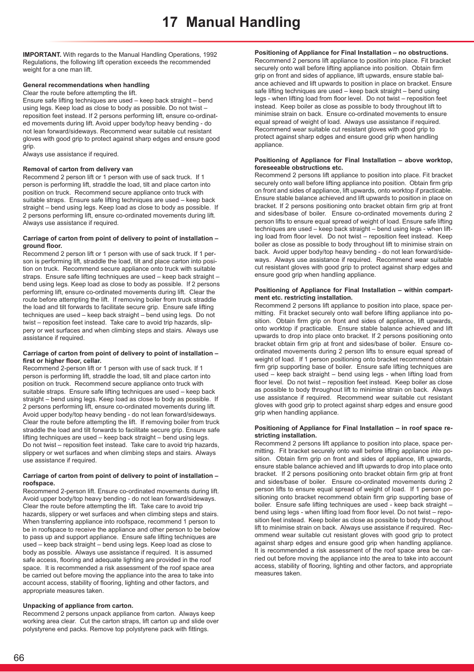 17 manual handling | Glow-worm Ultracom cx User Manual | Page 66 / 68