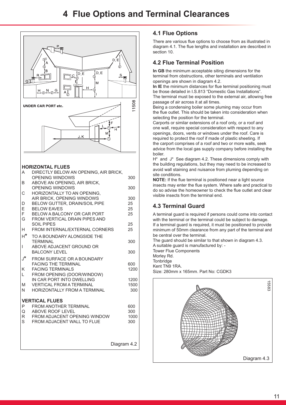 4 flue options and terminal clearances, 1 flue options, 2 flue terminal position | 3 terminal guard | Glow-worm Ultracom cxi User Manual | Page 11 / 68