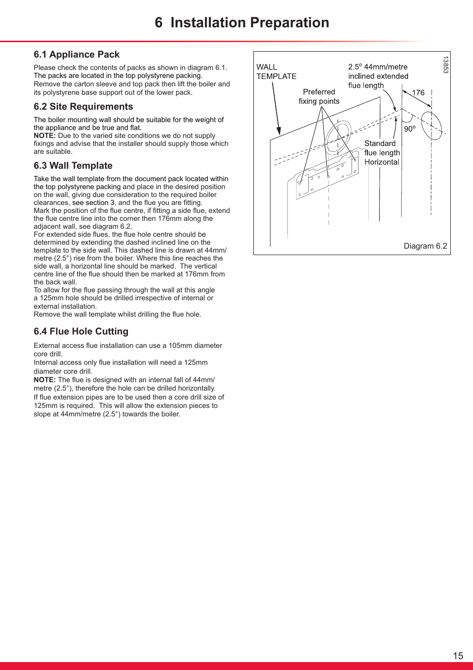 6 installation preparation, 15 6.1 appliance pack, 2 site requirements | 3 wall template, 4 flue hole cutting | Glow-worm Ultracom cxi User Manual | Page 15 / 68
