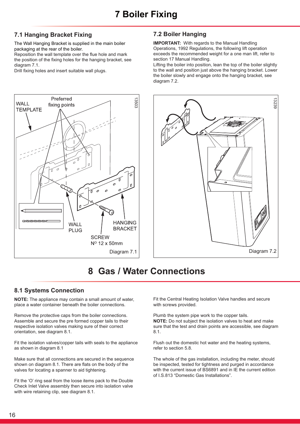 7 boiler fixing, 8 gas / water connections, 16 8.1 systems connection | 1 hanging bracket fixing, 2 boiler hanging | Glow-worm Ultracom cxi User Manual | Page 16 / 68