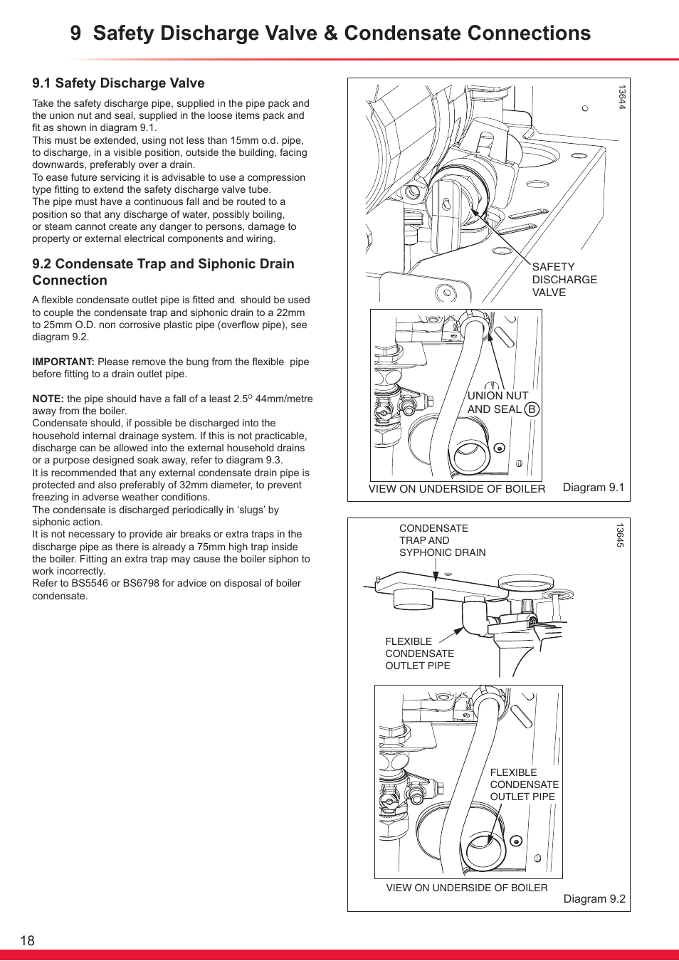 9 safety discharge valve & condensate connections, 1 safety discharge valve, 2 condensate trap and siphonic drain connection | Glow-worm Ultracom cxi User Manual | Page 18 / 68