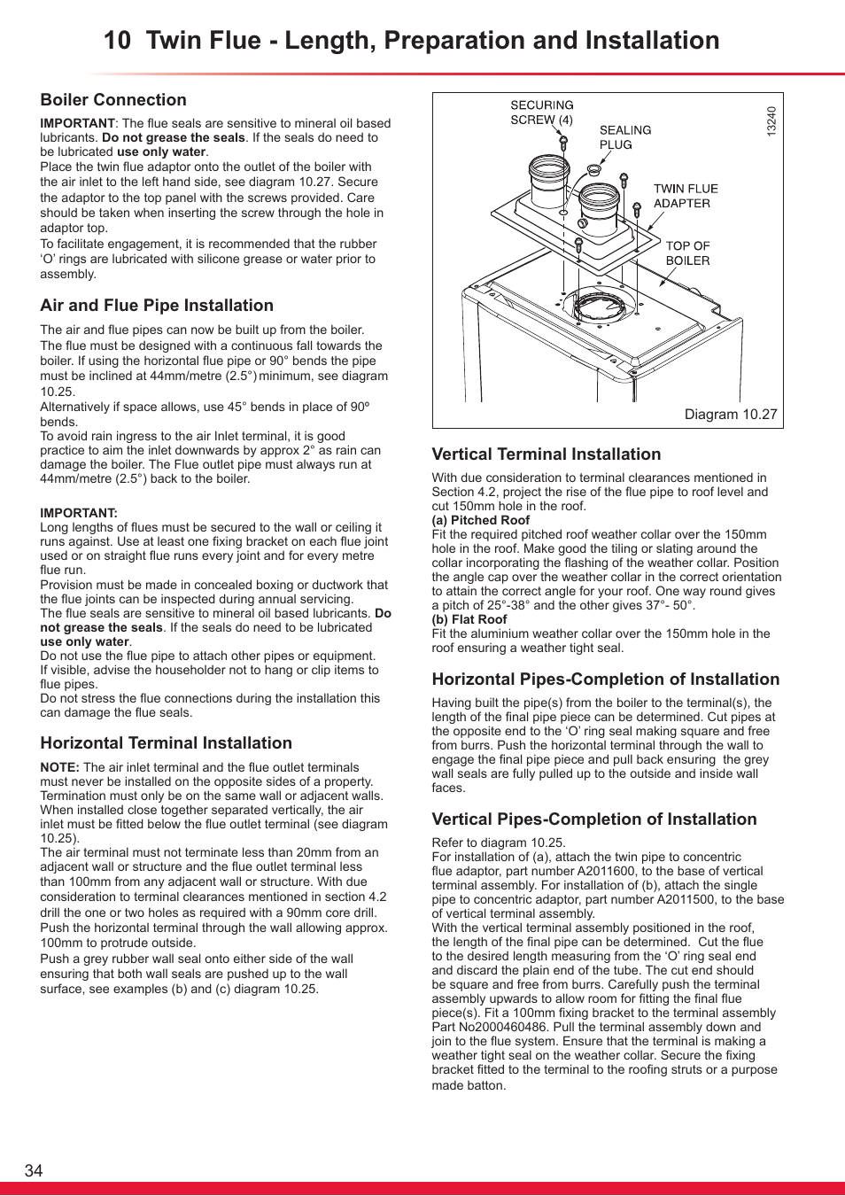 Boiler connection, Air and flue pipe installation, Horizontal terminal installation | Vertical terminal installation, Horizontal pipes-completion of installation, Vertical pipes-completion of installation | Glow-worm Ultracom cxi User Manual | Page 34 / 68