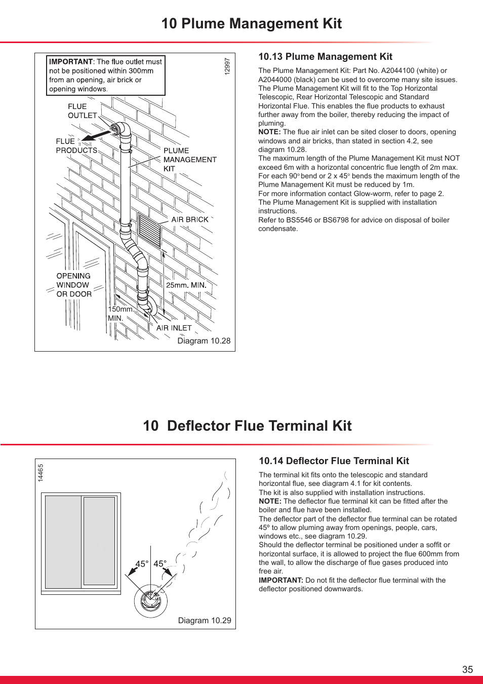 10 plume management kit, 10 deflector flue terminal kit, 13 plume management kit | 14 deflector flue terminal kit | Glow-worm Ultracom cxi User Manual | Page 35 / 68