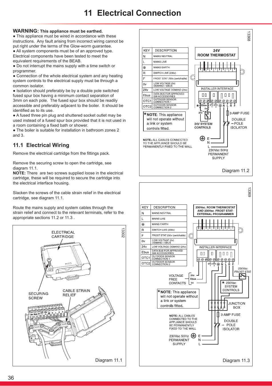11 electrical connection, 1 electrical wiring | Glow-worm Ultracom cxi User Manual | Page 36 / 68