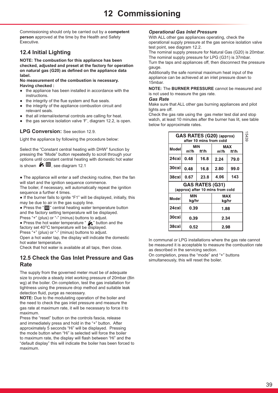12 commissioning, 4 initial lighting, 5 check the gas inlet pressure and gas rate | Glow-worm Ultracom cxi User Manual | Page 39 / 68