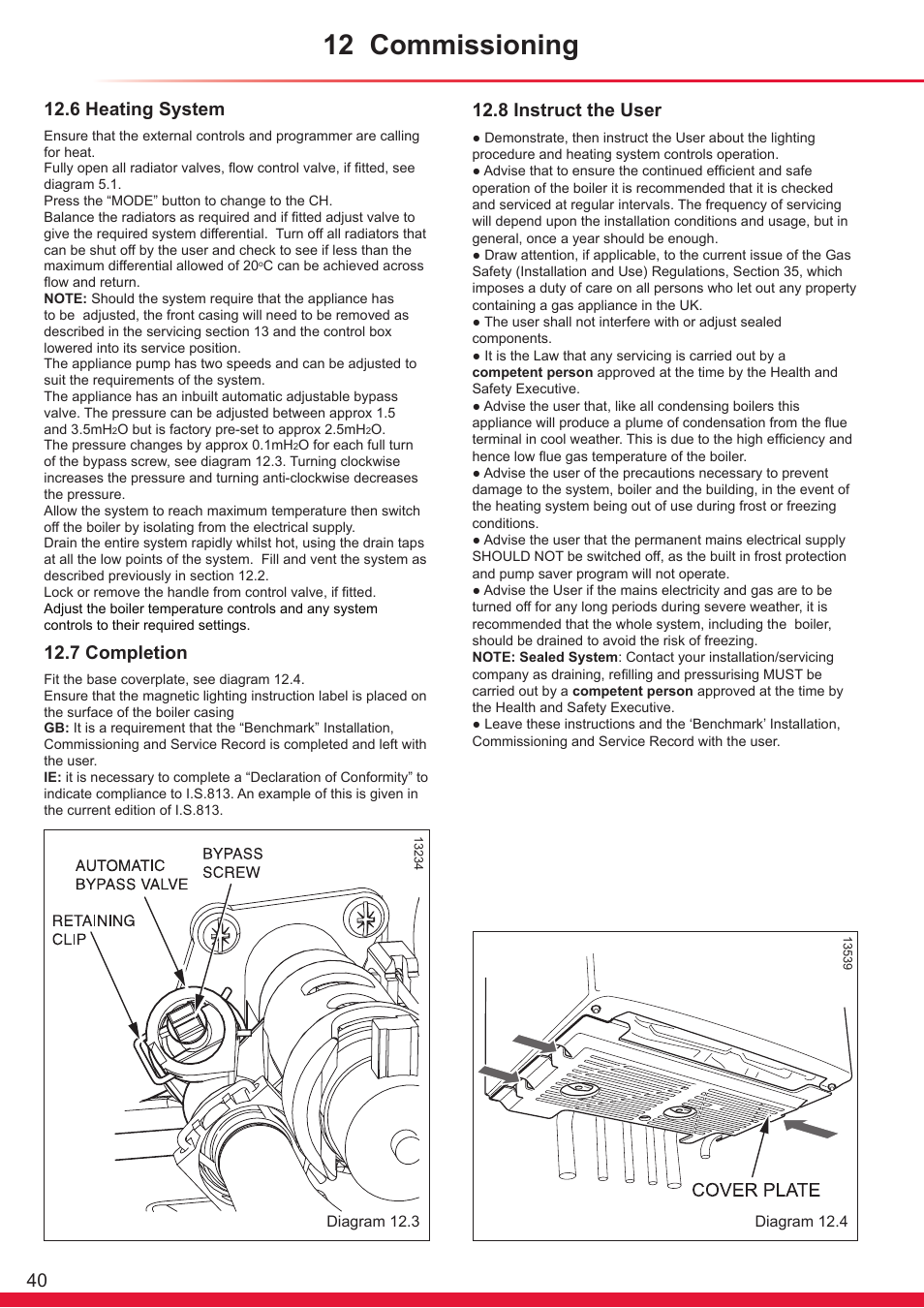 12 commissioning, 6 heating system, 7 completion | 8 instruct the user | Glow-worm Ultracom cxi User Manual | Page 40 / 68