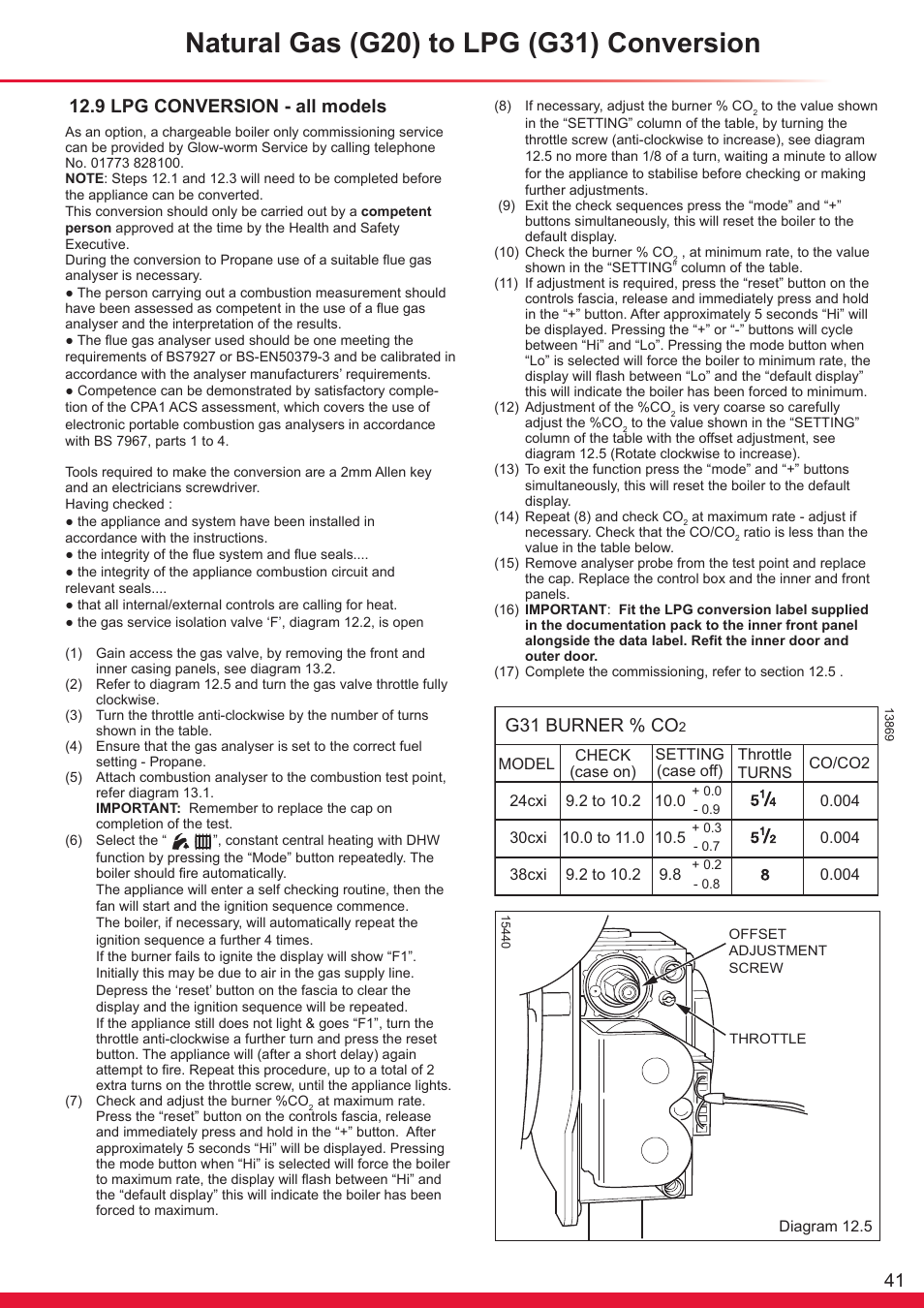 Natural gas (g20) to lpg (g31) conversion, G31 burner % co, 9 lpg conversion - all models | Glow-worm Ultracom cxi User Manual | Page 41 / 68