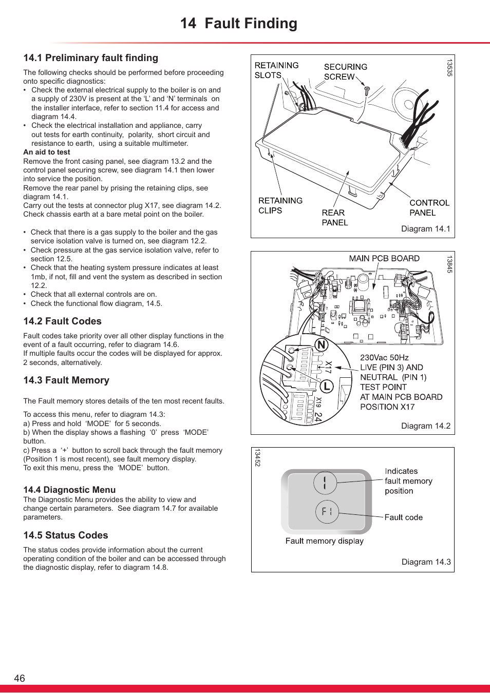 14 fault finding, 1 preliminary fault finding, 2 fault codes | 5 status codes | Glow-worm Ultracom cxi User Manual | Page 46 / 68