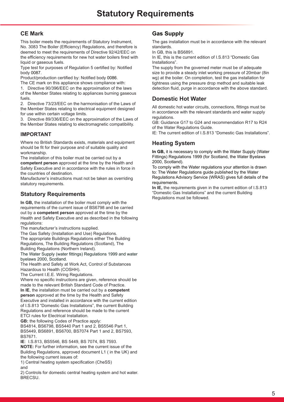 5ce mark, Statutory requirements, Gas supply | Domestic hot water, Heating system | Glow-worm Ultracom cxi User Manual | Page 5 / 68