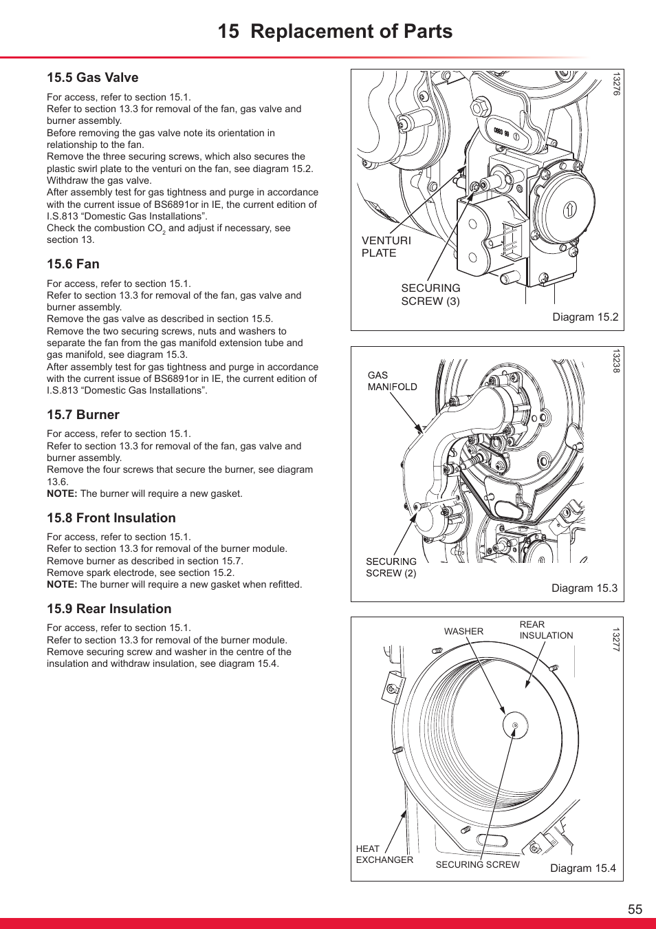 15 replacement of parts, 5 gas valve, 6 fan | 7 burner, 8 front insulation, 9 rear insulation | Glow-worm Ultracom cxi User Manual | Page 55 / 68