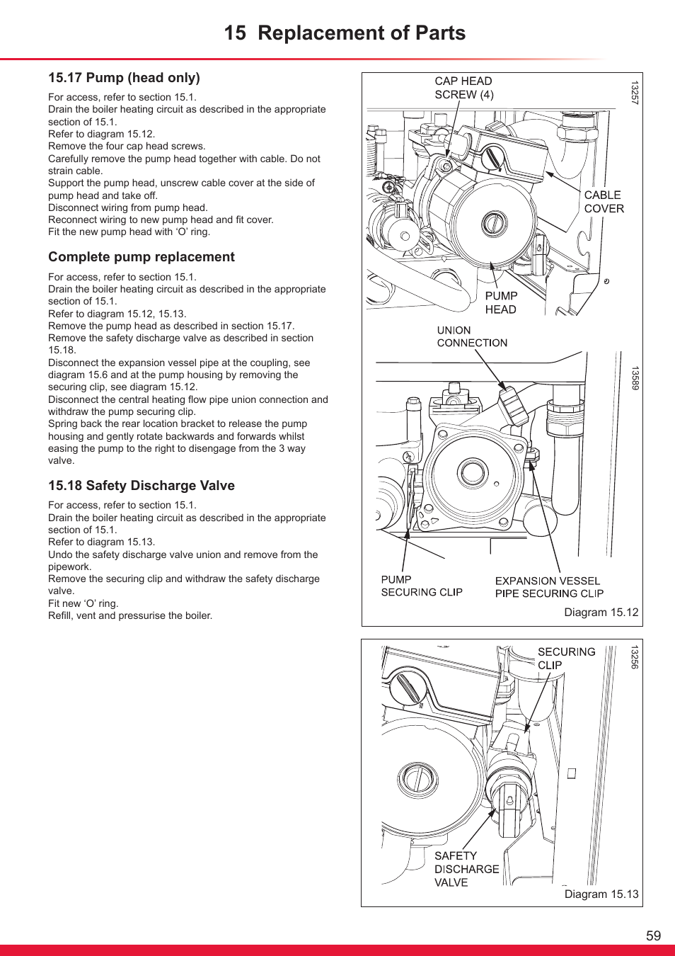 15 replacement of parts, 17 pump (head only), Complete pump replacement | 18 safety discharge valve | Glow-worm Ultracom cxi User Manual | Page 59 / 68