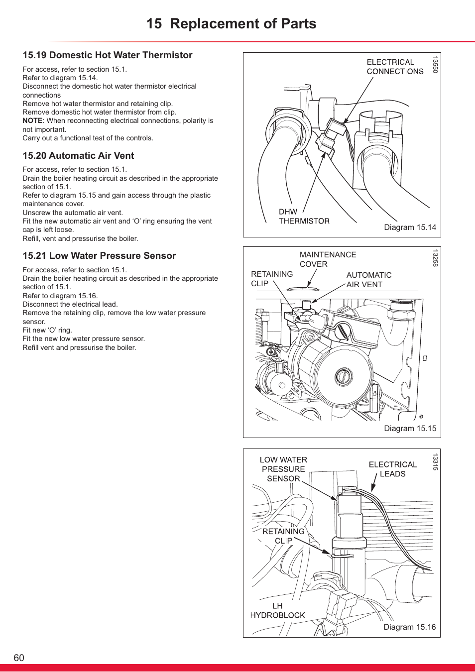 15 replacement of parts, 19 domestic hot water thermistor, 20 automatic air vent | 21 low water pressure sensor | Glow-worm Ultracom cxi User Manual | Page 60 / 68
