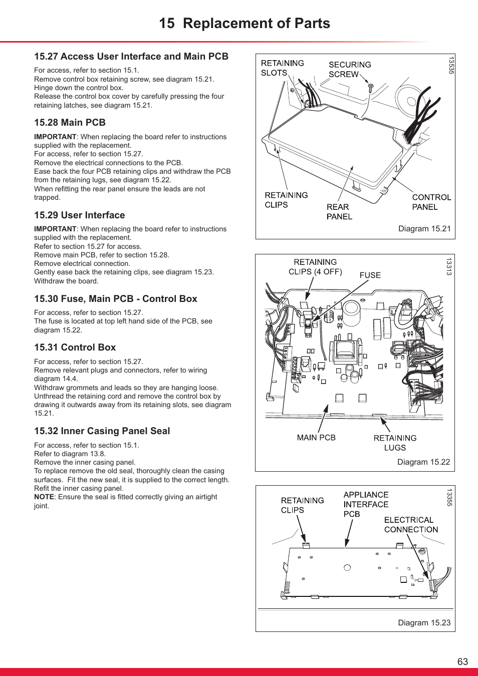 15 replacement of parts, 27 access user interface and main pcb, 28 main pcb | 29 user interface, 30 fuse, main pcb - control box, 31 control box, 32 inner casing panel seal | Glow-worm Ultracom cxi User Manual | Page 63 / 68