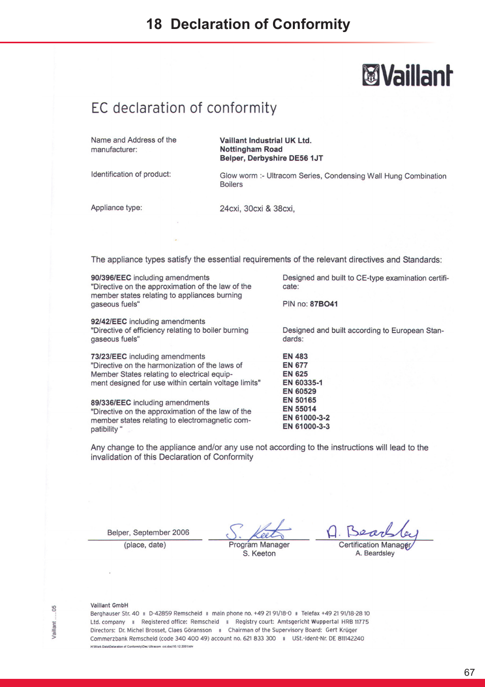 18 declaration of conformity | Glow-worm Ultracom cxi User Manual | Page 67 / 68