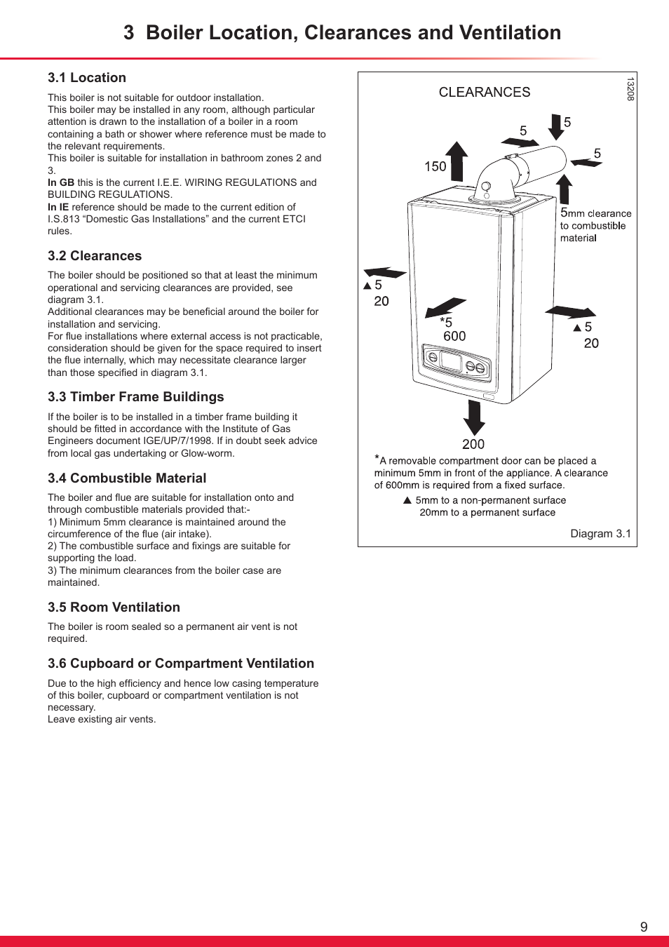 3 boiler location, clearances and ventilation, 1 location, 2 clearances | 3 timber frame buildings, 4 combustible material, 5 room ventilation, 6 cupboard or compartment ventilation | Glow-worm Ultracom cxi User Manual | Page 9 / 68