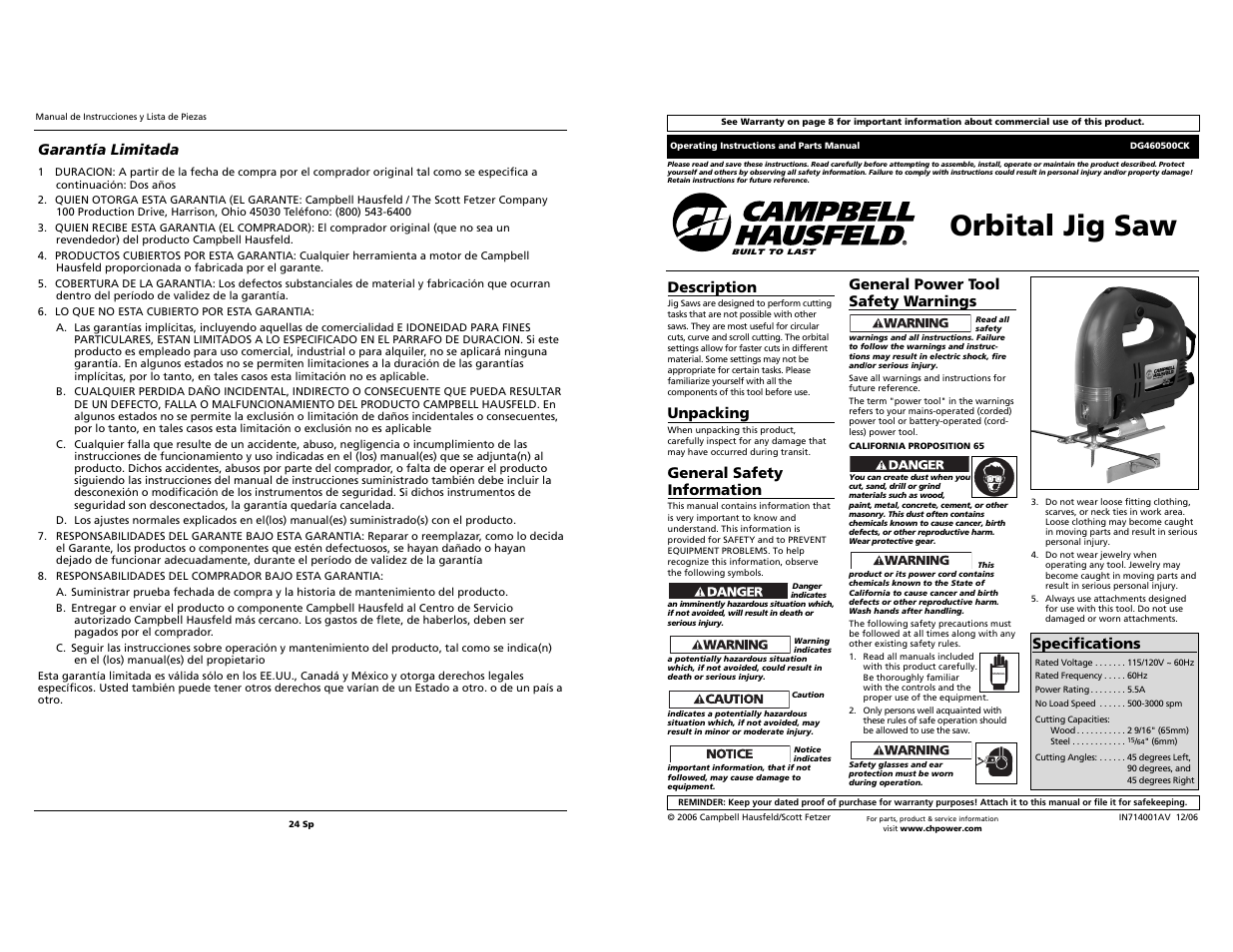 Campbell Hausfeld DG460500CK User Manual | 12 pages