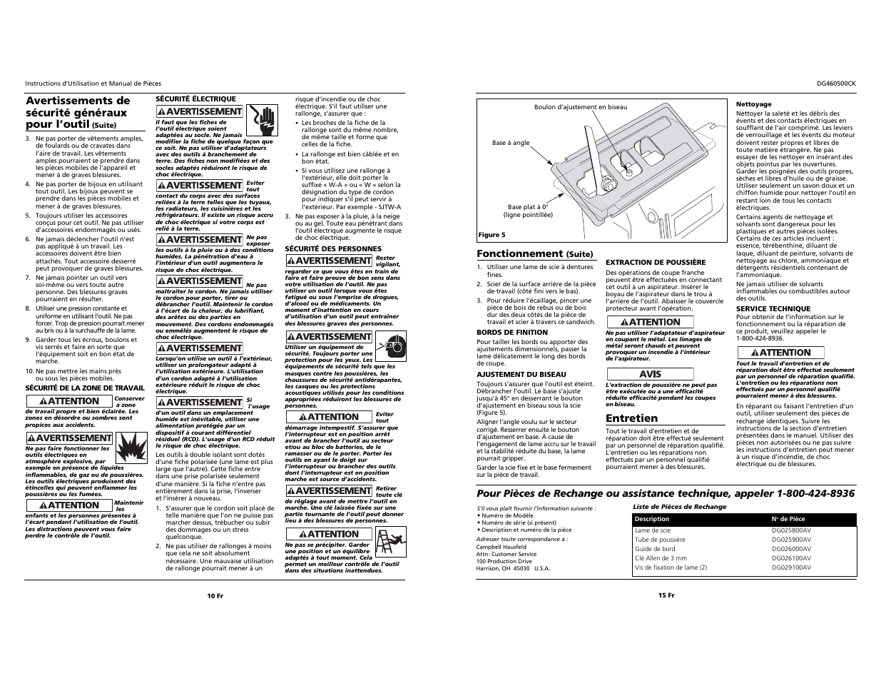 Avertissements de sécurité généraux pour l’outil, Entretien | Campbell Hausfeld DG460500CK User Manual | Page 10 / 12