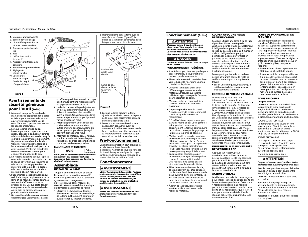 Assemblage, Pré-fonctionnement, Fonctionnement | Avertissements de sécurité généraux pour l’outil | Campbell Hausfeld DG460500CK User Manual | Page 12 / 12
