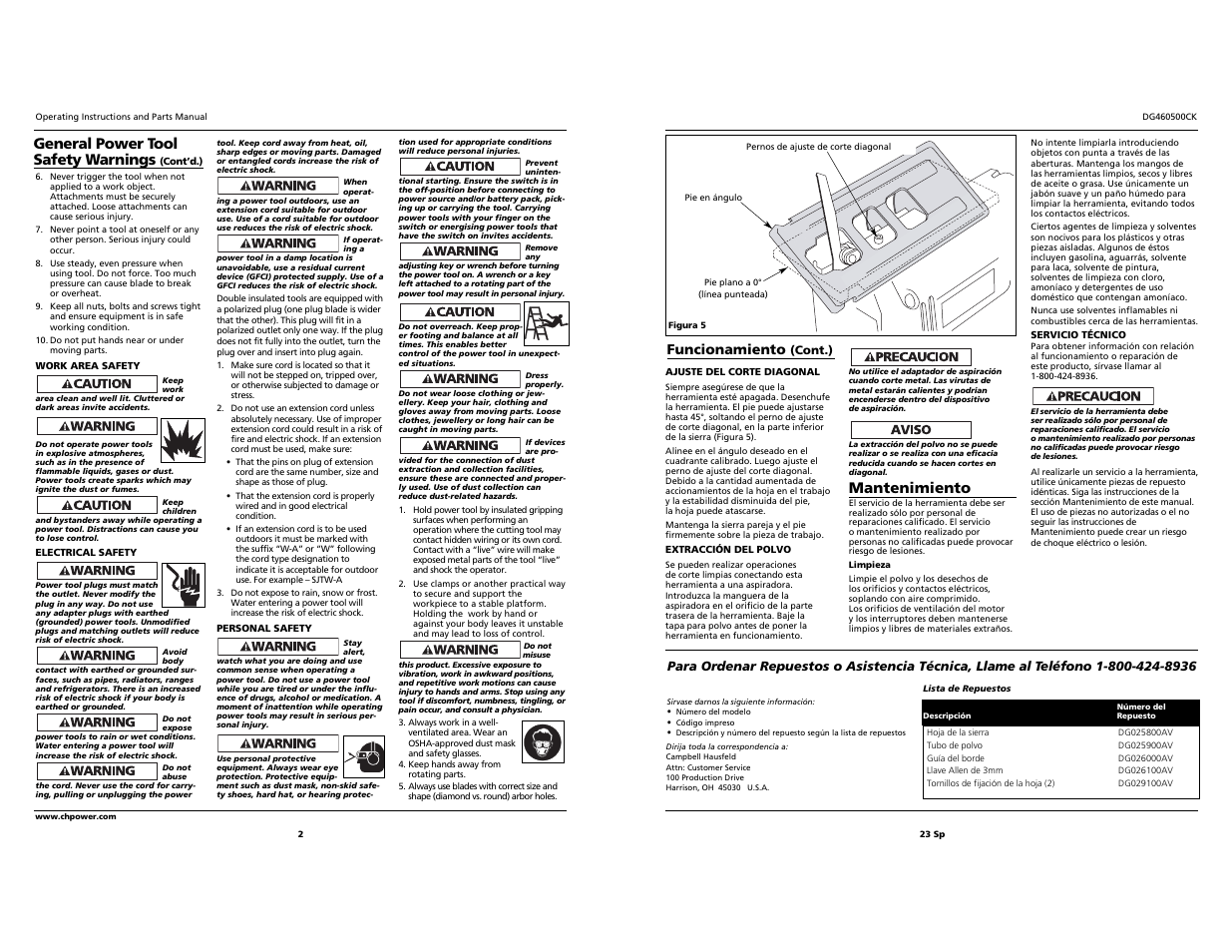 General power tool safety warnings, Mantenimiento | Campbell Hausfeld DG460500CK User Manual | Page 2 / 12