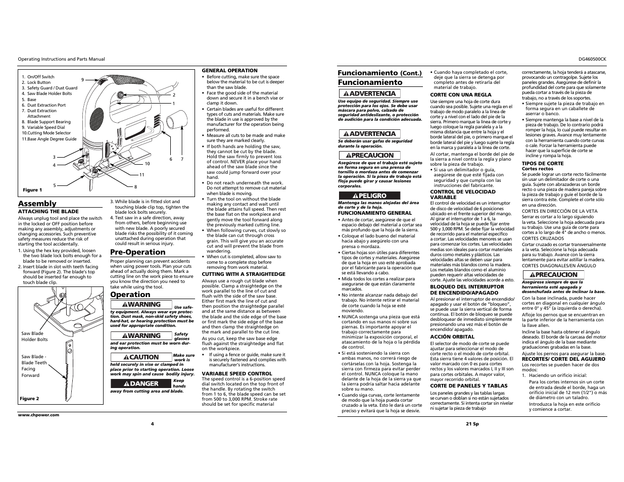 Assembly, Pre-operation, Operation | Funcionamiento | Campbell Hausfeld DG460500CK User Manual | Page 4 / 12