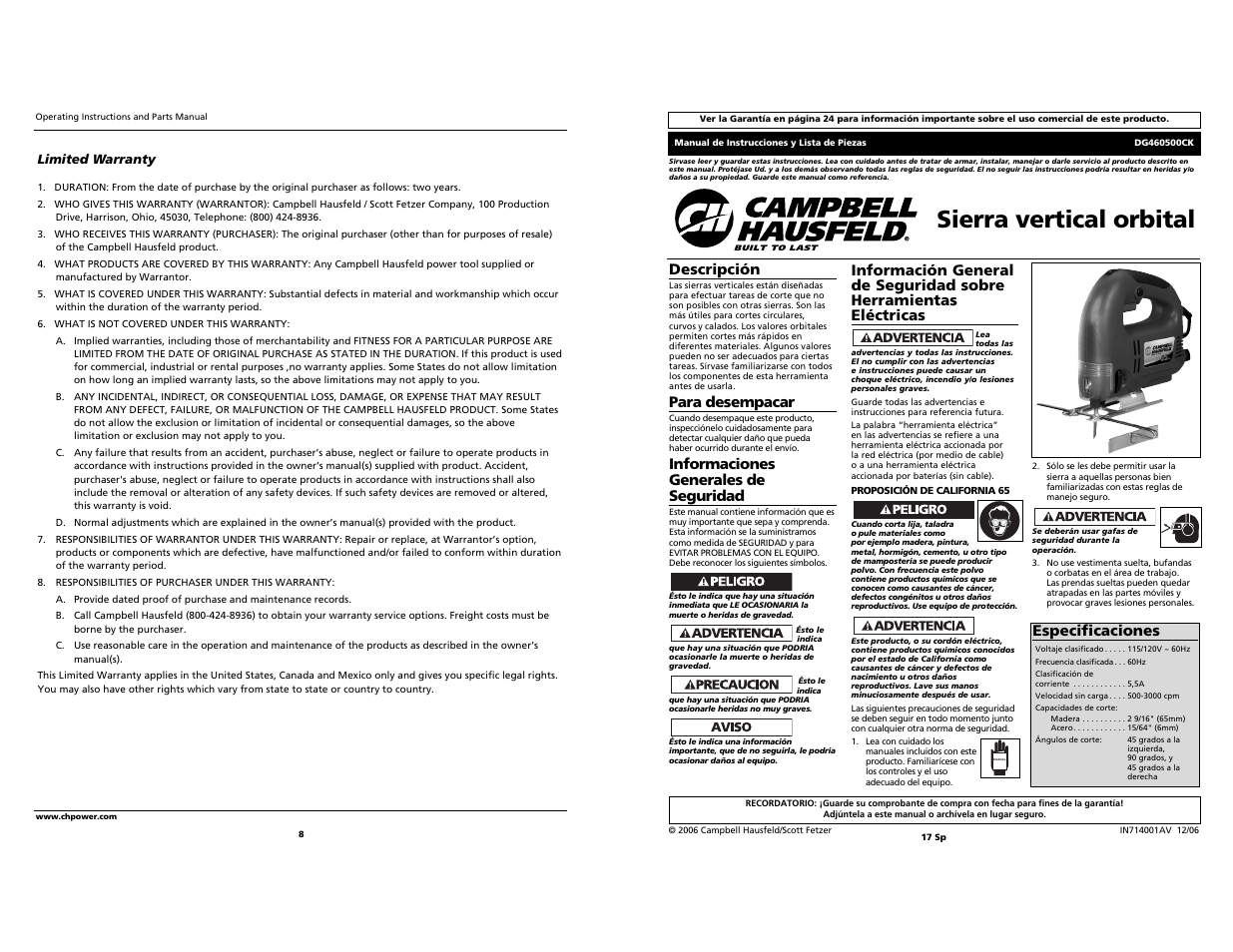 Sierra vertical orbital, Descripción, Para desempacar | Informaciones generales de seguridad, Especificaciones | Campbell Hausfeld DG460500CK User Manual | Page 8 / 12
