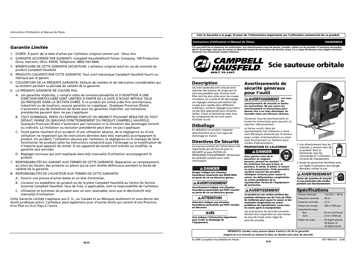 Scie sauteuse orbitale, Garantie limitée, Description | Déballage, Directives de sécurité, Avertissements de sécurité généraux pour l’outil, Spécifications | Campbell Hausfeld DG460500CK User Manual | Page 9 / 12