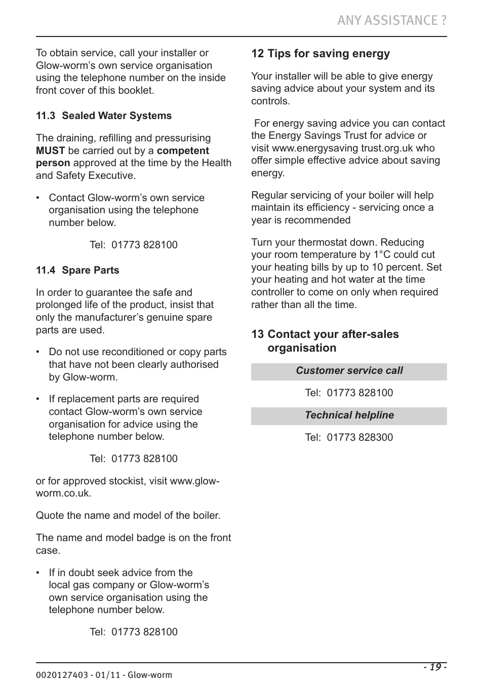 Any assistance | Glow-worm Ultracom hxi User Manual | Page 19 / 20