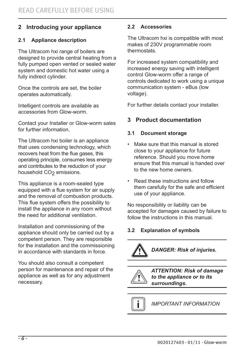 Read carefully before using | Glow-worm Ultracom hxi User Manual | Page 6 / 20