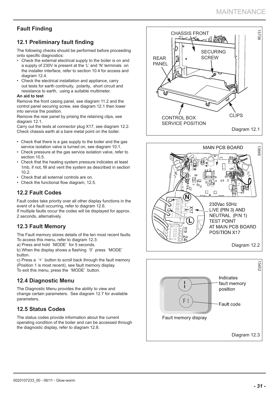 Maintenance, Fault finding 12.1 preliminary fault finding, 2 fault codes | 4 diagnostic menu, 5 status codes | Glow-worm Ultracom hxi User Manual | Page 31 / 48